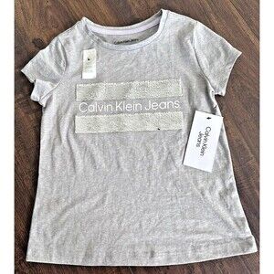 Calvin Klein Logo Girls cotton T-shirt With Reversible  Sequins Light Gray S (7)